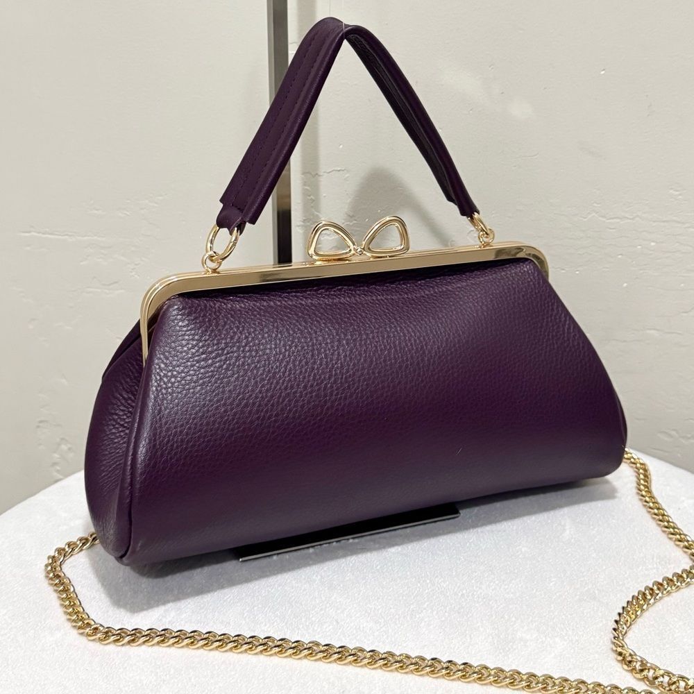 Purple Pebble Leather Handmade Bow Shaped Kisslock Baguette Bag/Crossbody